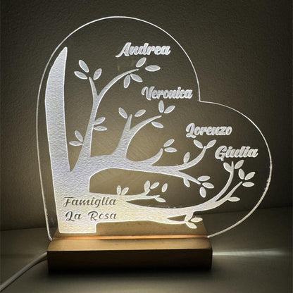 Lampada personalizzata, Nome personalizzato - Albero della famiglia - Lampada led, Base in legno, Natale, Anniversario, Famiglia