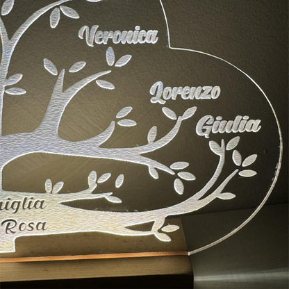Lampada personalizzata, Nome personalizzato - Albero della famiglia - Lampada led, Base in legno, Natale, Anniversario, Famiglia