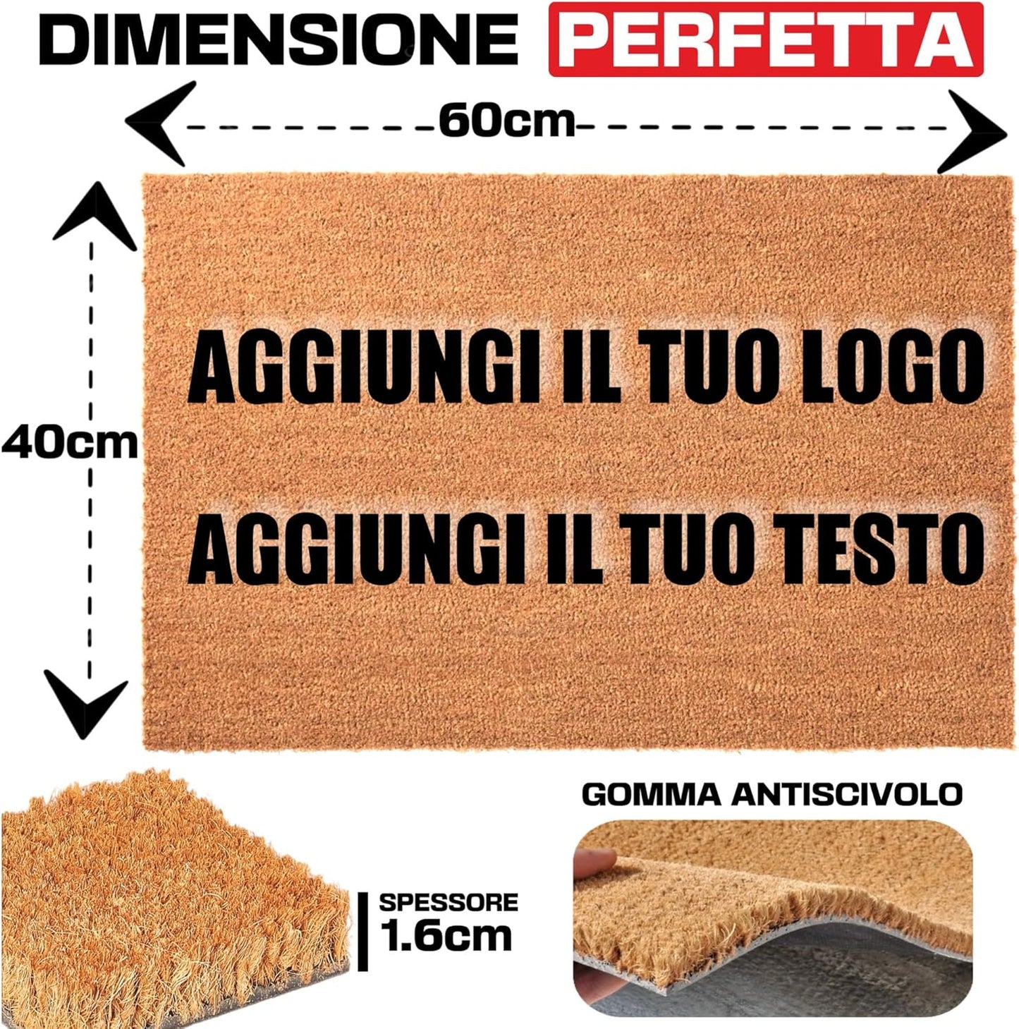 Zerbino Personalizzato in Fibra di Cocco, 40x60 cm, Tappeto Ingresso con Logo e Testo, Spessore 1,6 cm